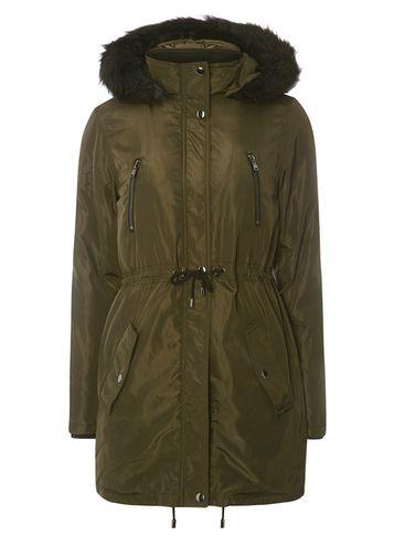 Dorothy Perkins Khaki Parka With Faux Fur Trim Hood