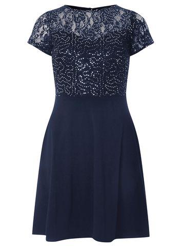 Dorothy Perkins Navy Sequin Lace Fit And Flare Dress