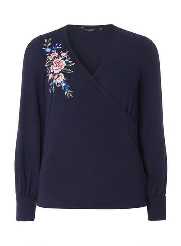 Dorothy Perkins Navy Floral Embroidered Wrap Front Top