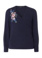 Dorothy Perkins Navy Floral Embroidered Wrap Front Top