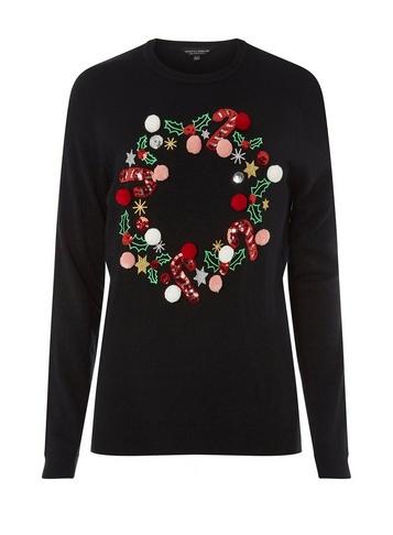 Dorothy Perkins Black Pom Pom Wreath Jumper