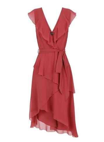 *little Mistress Coral Asymmetric Ruffle Midi Dress