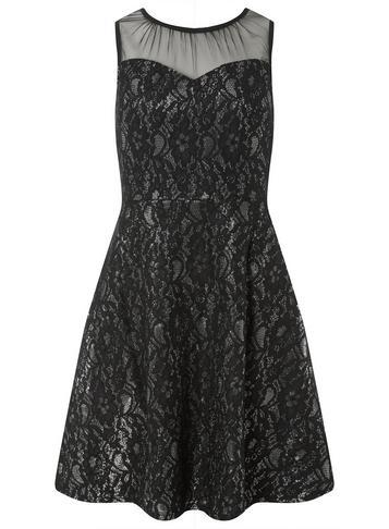 Dorothy Perkins *black And Silver Shimmer Lace Skater Dress