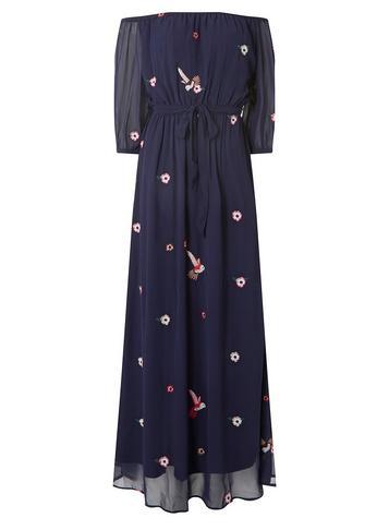 Dorothy Perkins Navy Bird Embroidered Bardot Maxi Dress
