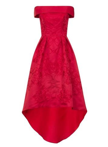 *chi Chi London Red Embroidered Dip Hem Skater Bardot Dress