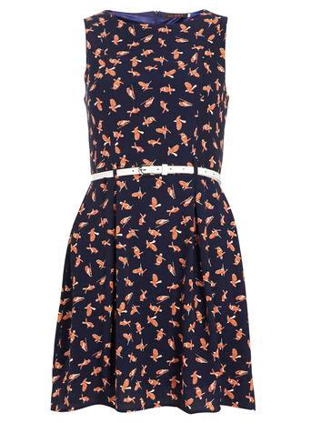 Dorothy Perkins *blue Belted Bird Print Dress
