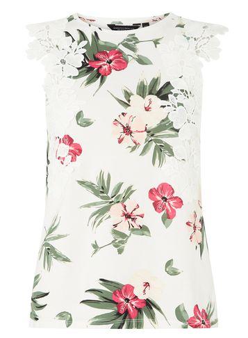 Dorothy Perkins Ivory Tropical Print Lace Trim Shell Top