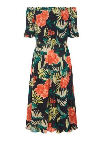 Dorothy Perkins Navy Large Tropical Midi Bardot Dress