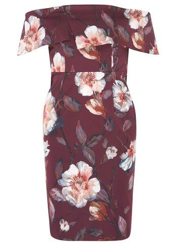 Dorothy Perkins Petite Wine Floral Print Bardot Pencil Dress