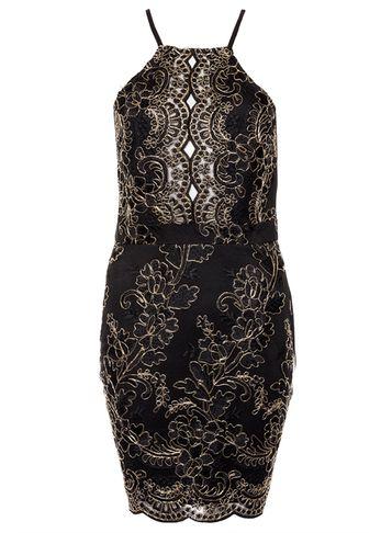 Dorothy Perkins *quiz Black And Gold Lace Scallop Bodycon Dress