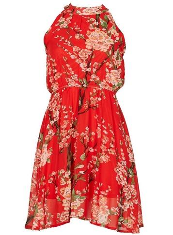 *tenki Red Halter Neck Floral Skater Dress