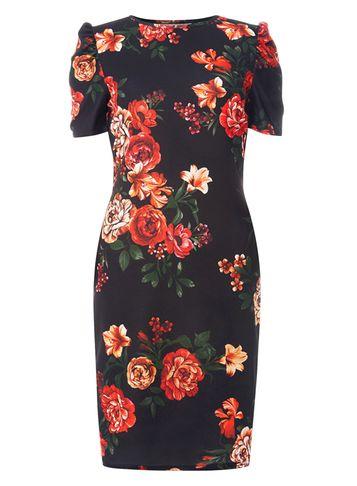 Dorothy Perkins Black Floral Print Tuck Sleeve Bodycon Dress