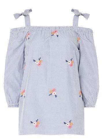 Dorothy Perkins *tall Blue Embroidered Stripe Bardot Top