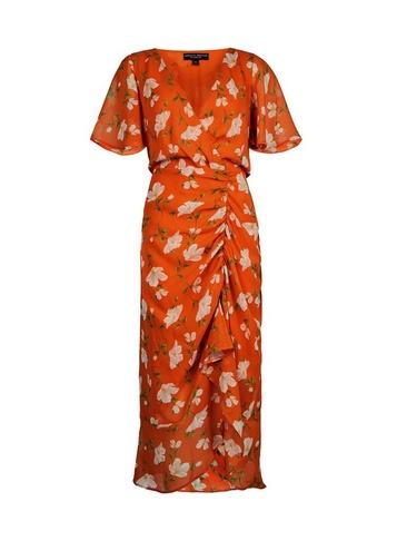Dorothy Perkins *orange Floral Print Ruched Midi Dress