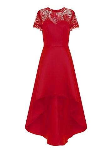 Dorothy Perkins *chi Chi London Red Lace Detail Dip Hem Skater Dress