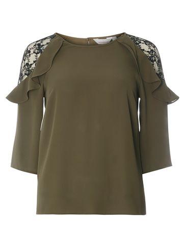 Dorothy Perkins Petite Khaki Lace Ruffle Top