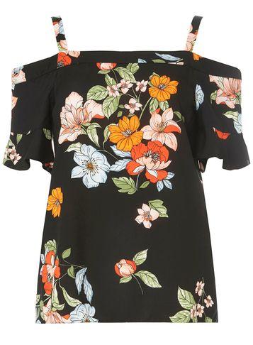 Dorothy Perkins Black Floral Frill Cold Shoulder Top
