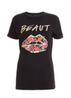 *quiz Black Floral Lips Print And Slogan T-shirt
