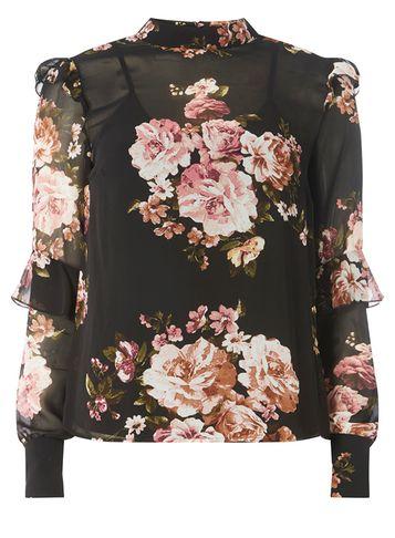 Dorothy Perkins *vila Black Floral Print Ruffle Top