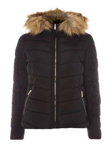 Dorothy Perkins *only Black Faux Fur Hood Padded Jacket