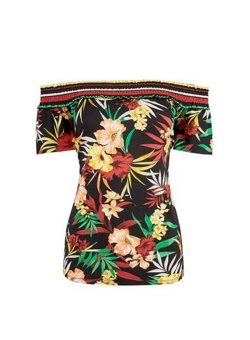 Dorothy Perkins Black Shirred Tropical Print Bardot Top