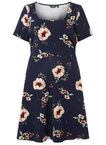 Dorothy Perkins *dp Curve Navy Floral Ruched Sleeve Fit And Flare Dress