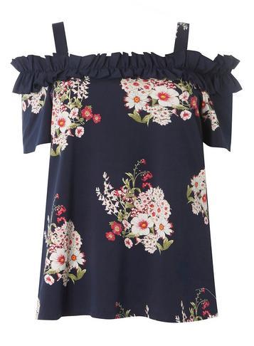 Dorothy Perkins Dp Curve Navy Blue Floral Print Ruffle Bardot Top