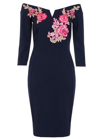 Dorothy Perkins *quiz Navy Embroidered Bardot Midi Dress