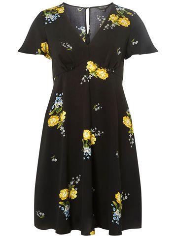 Dorothy Perkins Black And Yellow Floral Print Tea Dress