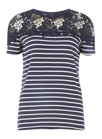 Dorothy Perkins Navy Striped Lace Yoke T-shirt