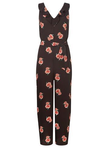 Dorothy Perkins *tall Black Ruffle Floral Jumpsuit