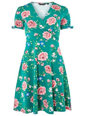 Dorothy Perkins Green Floral Wrap Fit And Flare Dress