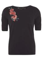 Dorothy Perkins Navy Blue Floral Embroidered Ruched Sleeve T-shirt