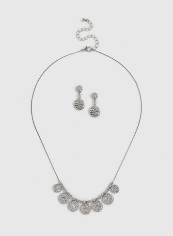 Dorothy Perkins Silver Hammered Disc Jewellery Set