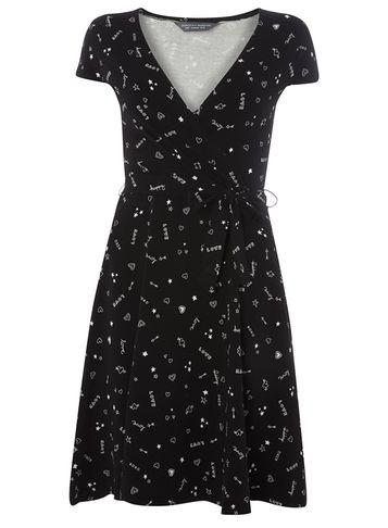 Dorothy Perkins *tall Black Doodle Wrap Dress