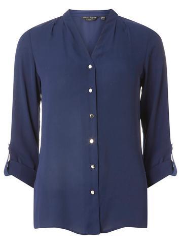Dorothy Perkins Navy Pleated Roll Sleeve Shirt