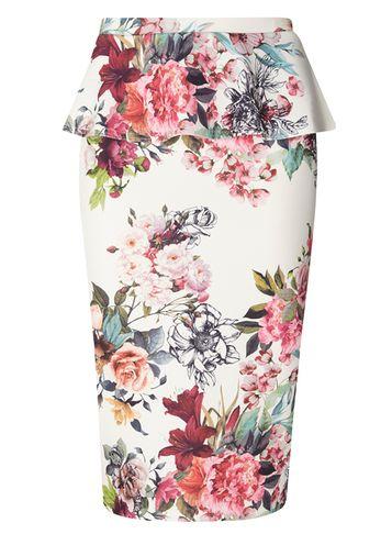 Dorothy Perkins Ivory Floral Pephem Pencil Skirt