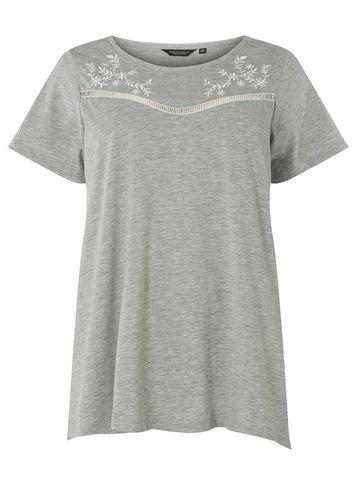Dorothy Perkins Dp Curve Grey Embroidered Yoke T-shirt