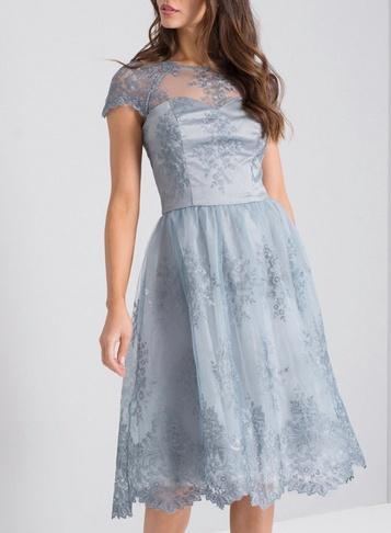 *chi Chi London Blue Embroidered Midi Skater Dress