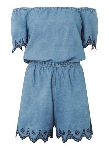 Dorothy Perkins Blue Midwash Embroidered Playsuit