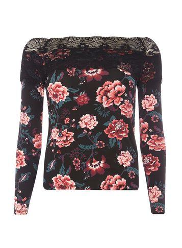 Dorothy Perkins Black Floral Print Lace Trim Bardot Top