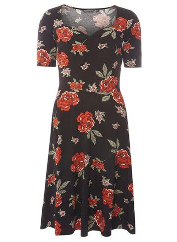 Dorothy Perkins *tall Black Floral Print Sweetheart Neck Skater Dress
