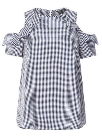 Dorothy Perkins Blue Check Cold Shoulder Ruffle Top