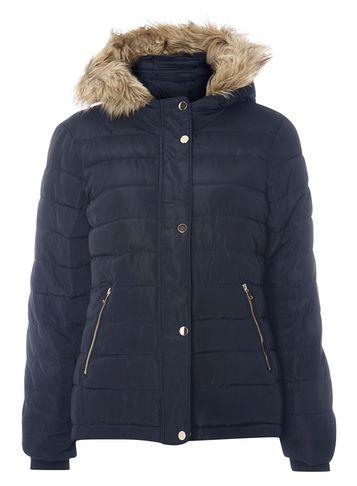 Dorothy Perkins Navy Fur Hood Padded Coat