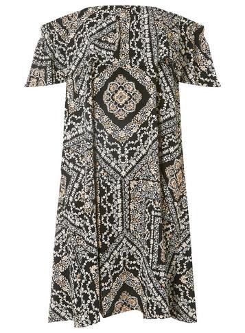 Dorothy Perkins Black And Apricot Tile Print Bardot Dress