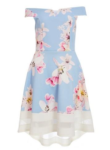 *quiz Blue Floral Print Bardot Hem Dress