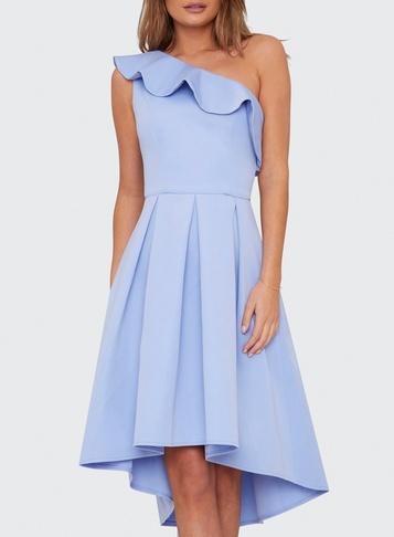*chi Chi London Blue Asymmetric Dip Hem Midi Skater Dress