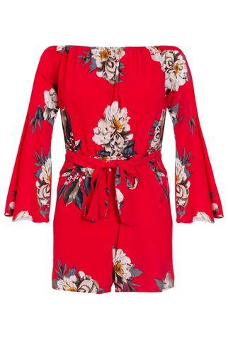 Dorothy Perkins *quiz Red Crepe Floral Bardot Playsuit