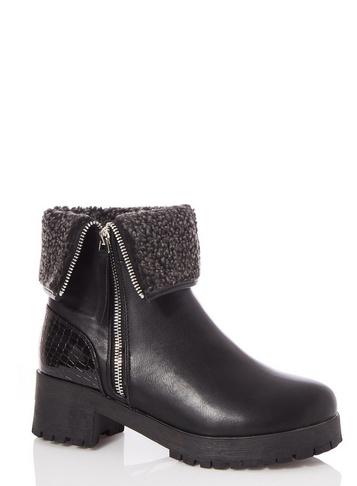 *quiz Black Leather Fold Over Calf Boots