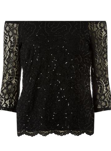 Dorothy Perkins Black Sequin Lace Bardot Top